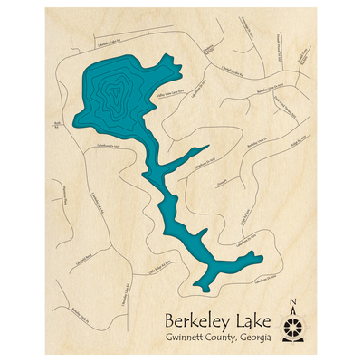 Bathymetric topo map of Berkeley Lake, GA with roads, towns and depths noted in blue water.