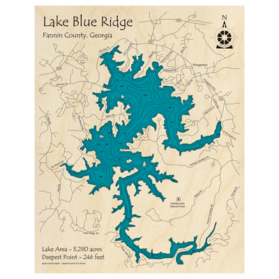 Bathymetric topo map of Lake Blue Ridge, GA with roads, towns and depths noted in blue water.