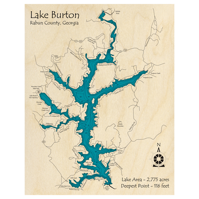 Bathymetric topo map of Lake Burton, GA with roads, towns and depths noted in blue water.