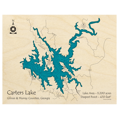 Bathymetric topo map of Carters Lake, GA with roads, towns and depths noted in blue water.