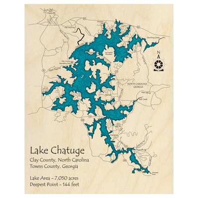 Bathymetric topo map of Lake Chatuge (GA, NC) with roads, towns and depths noted in blue water.