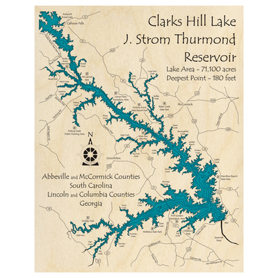 Bathymetric topo map of Clarks Hill Lake - J Strom Thurmond Reservoir (GA, SC) with roads, towns and depths noted in blue water.