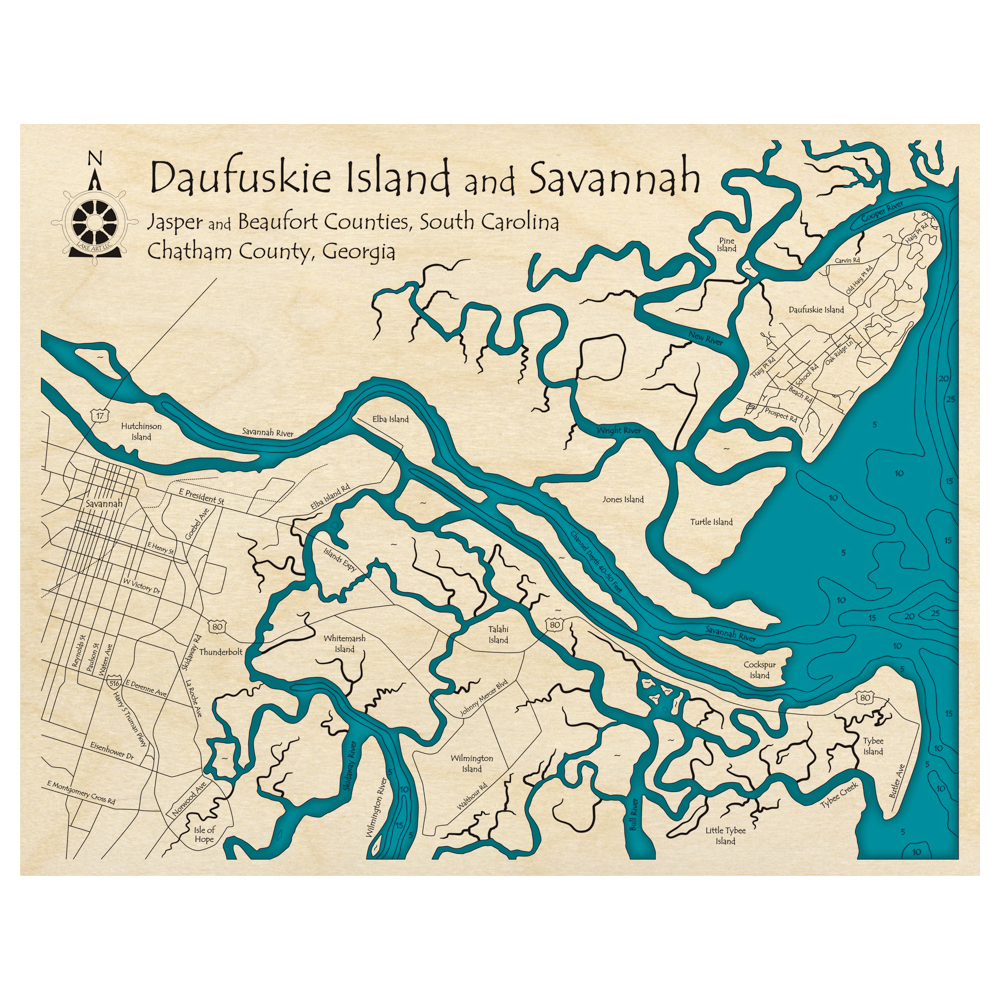 Bathymetric topo map of Daufuskie Island and Savannah (GA, SC) with roads, towns and depths noted in blue water.