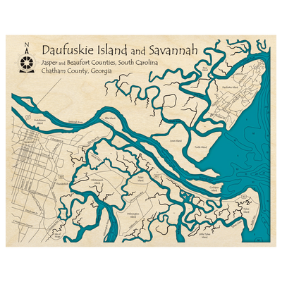 Bathymetric topo map of Daufuskie Island and Savannah (GA, SC) with roads, towns and depths noted in blue water.
