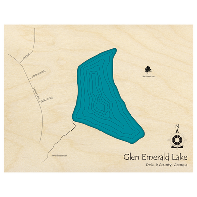 Bathymetric topo map of Glen Emerald Lake, GA with roads, towns and depths noted in blue water.