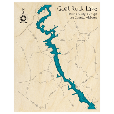 Bathymetric topo map of Goat Rock Lake (AL, GA) with roads, towns and depths noted in blue water.