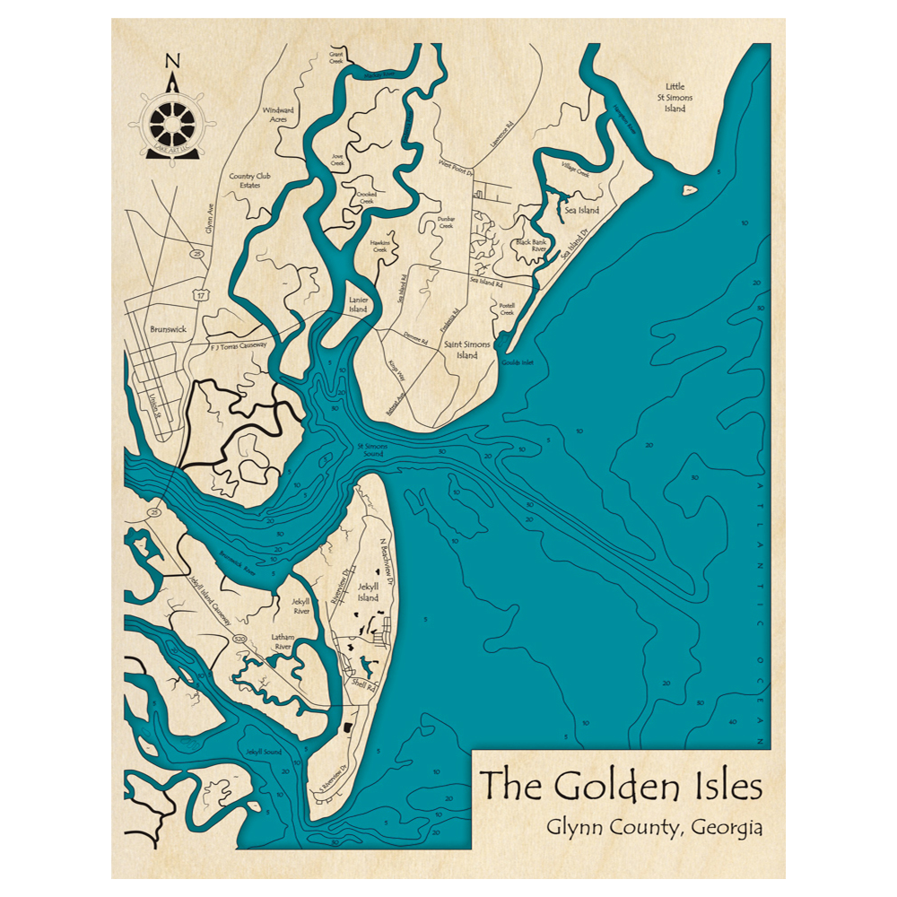 Bathymetric topo map of The Golden Isles, GA with roads, towns and depths noted in blue water.
