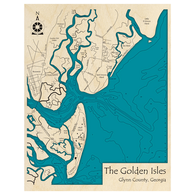 Bathymetric topo map of The Golden Isles, GA with roads, towns and depths noted in blue water.