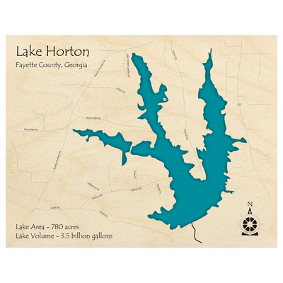 Bathymetric topo map of Lake Horton, GA with roads, towns and depths noted in blue water.