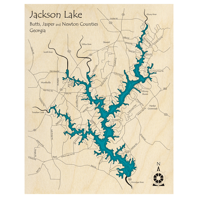 Bathymetric topo map of Jackson Lake, GA with roads, towns and depths noted in blue water.