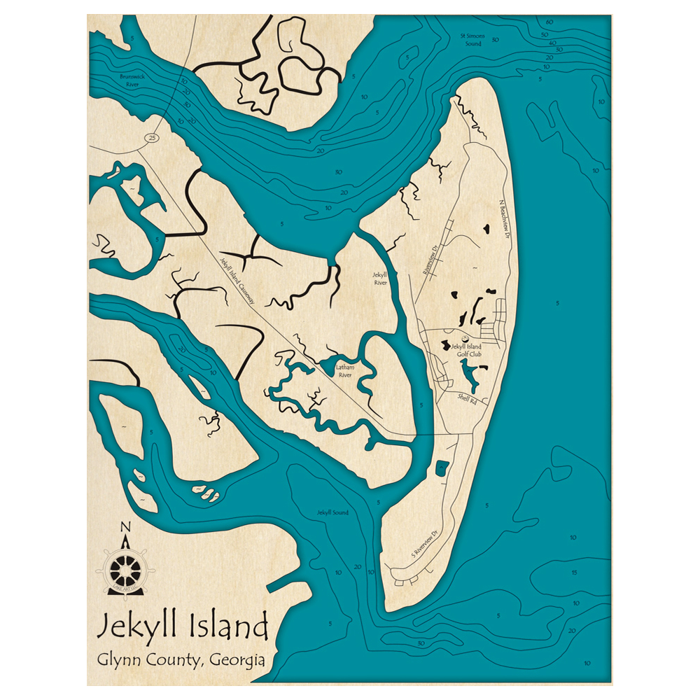 Bathymetric topo map of Jekyll Island, GA with roads, towns and depths noted in blue water.