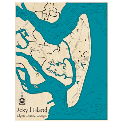 Bathymetric topo map of Jekyll Island, GA with roads, towns and depths noted in blue water.