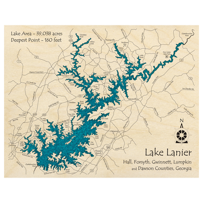 Bathymetric topo map of Lake Lanier, GA with roads, towns and depths noted in blue water.