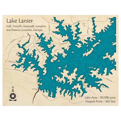 Bathymetric topo map of Lake Lanier, GA with roads, towns and depths noted in blue water.