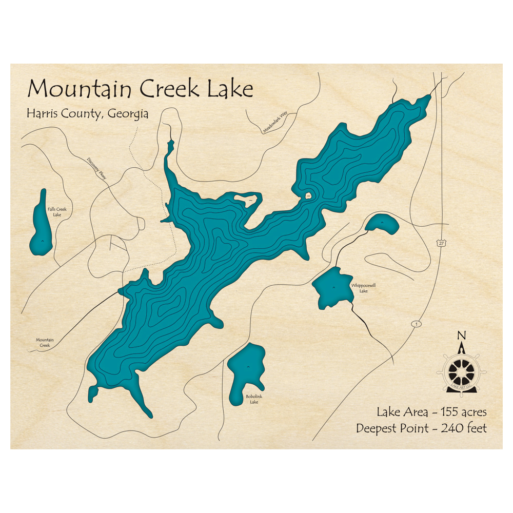 Bathymetric topo map of Mountain Creek Lake, GA with roads, towns and depths noted in blue water.