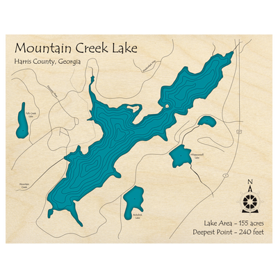 Bathymetric topo map of Mountain Creek Lake, GA with roads, towns and depths noted in blue water.
