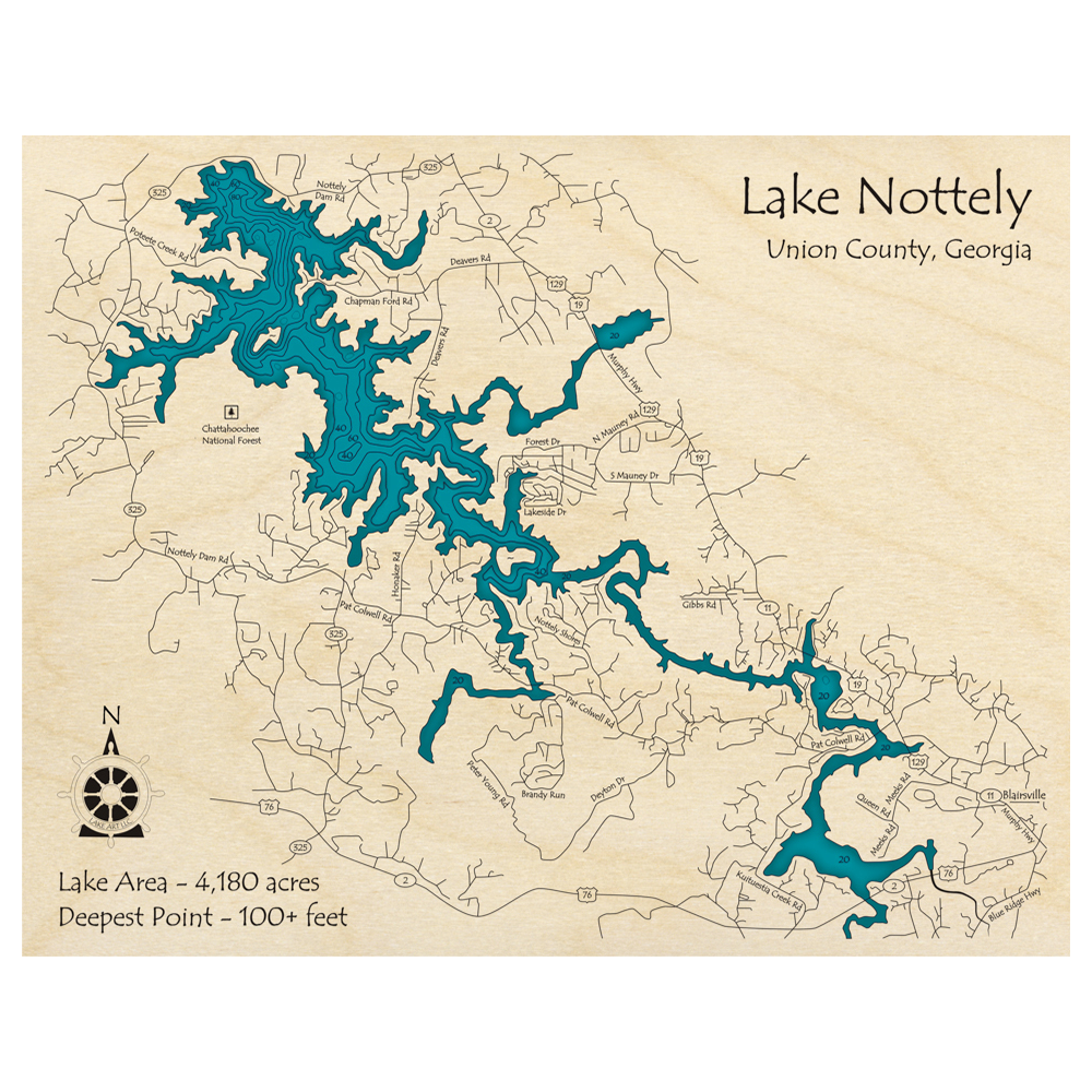 Bathymetric topo map of Lake Nottely, GA with roads, towns and depths noted in blue water.