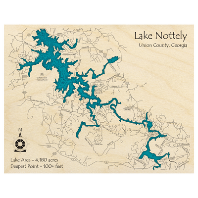 Bathymetric topo map of Lake Nottely, GA with roads, towns and depths noted in blue water.