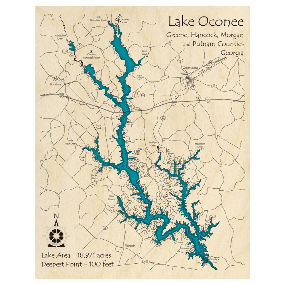 Bathymetric topo map of Lake Oconee, GA with roads, towns and depths noted in blue water.