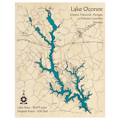 Bathymetric topo map of Lake Oconee, GA with roads, towns and depths noted in blue water.