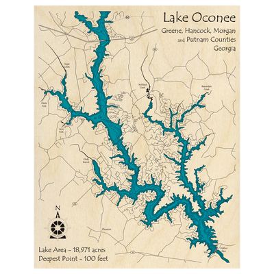Bathymetric topo map of Lake Oconee, GA with roads, towns and depths noted in blue water.