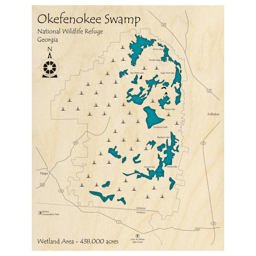 Bathymetric topo map of Okefenokee Swamp, GA with roads, towns and depths noted in blue water.