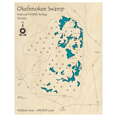 Bathymetric topo map of Okefenokee Swamp, GA with roads, towns and depths noted in blue water.