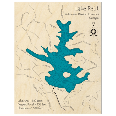 Bathymetric topo map of Lake Petit, GA with roads, towns and depths noted in blue water.