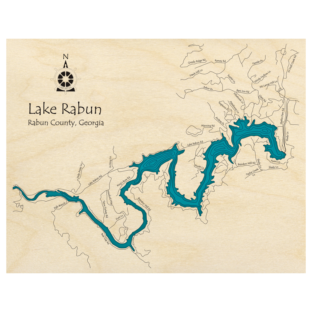 Bathymetric topo map of Lake Rabun, GA with roads, towns and depths noted in blue water.