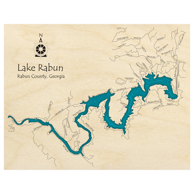 Bathymetric topo map of Lake Rabun, GA with roads, towns and depths noted in blue water.