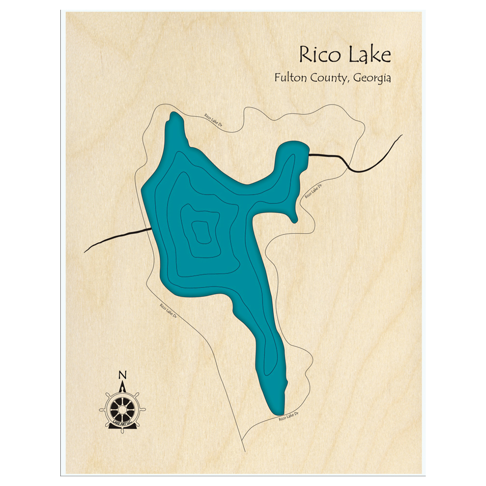 Bathymetric topo map of Rico Lake, GA with roads, towns and depths noted in blue water.