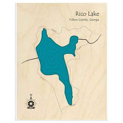 Bathymetric topo map of Rico Lake, GA with roads, towns and depths noted in blue water.
