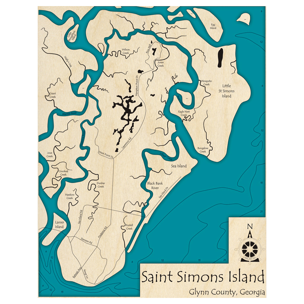 Bathymetric topo map of Saint Simons Island, GA with roads, towns and depths noted in blue water.