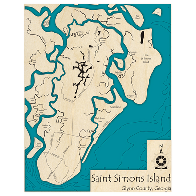 Bathymetric topo map of Saint Simons Island, GA with roads, towns and depths noted in blue water.