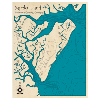 Bathymetric topo map of Sapelo Island, GA with roads, towns and depths noted in blue water.