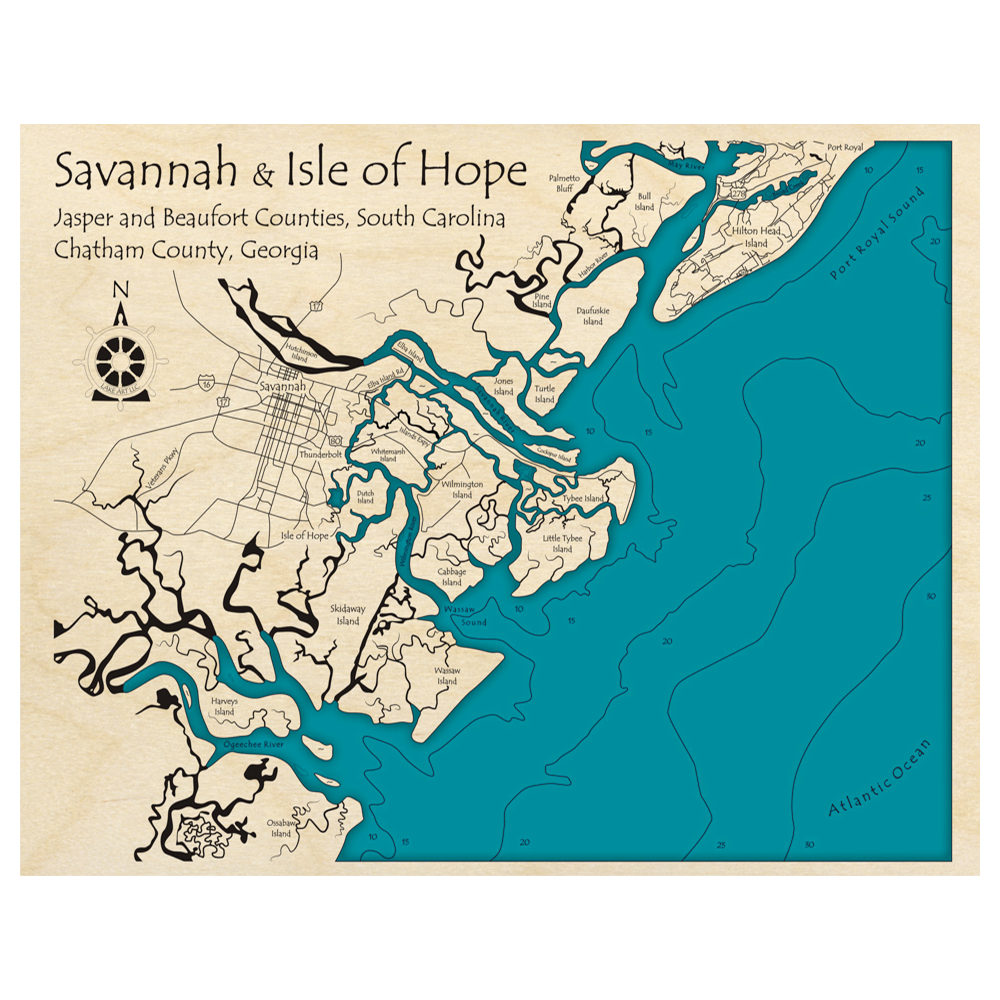 Bathymetric topo map of Savannah and Isle of Hope (GA, SC) with roads, towns and depths noted in blue water.