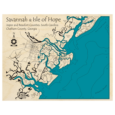 Bathymetric topo map of Savannah and Isle of Hope (GA, SC) with roads, towns and depths noted in blue water.
