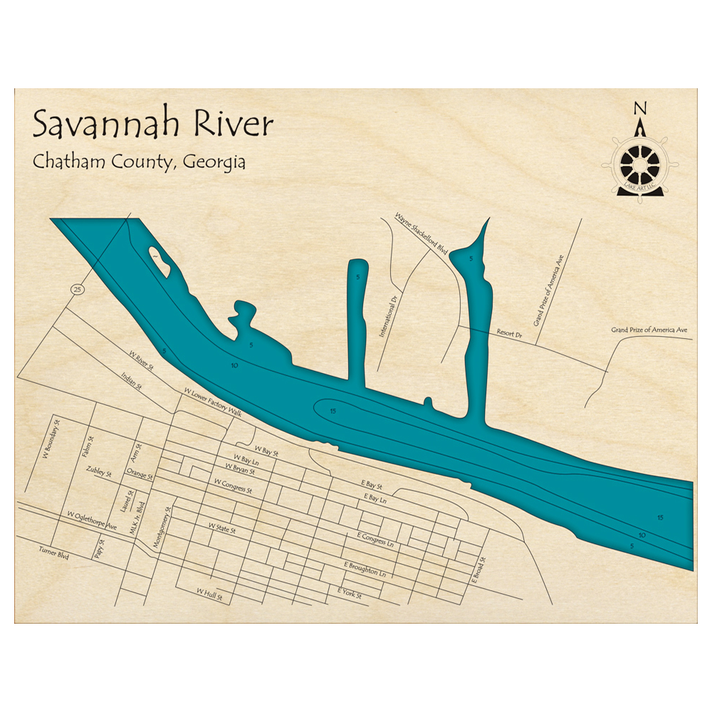Bathymetric topo map of Savannah River, GA with roads, towns and depths noted in blue water.
