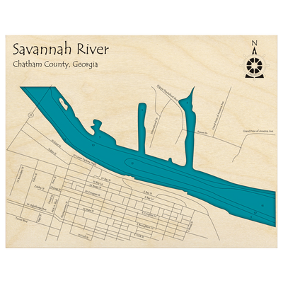 Bathymetric topo map of Savannah River, GA with roads, towns and depths noted in blue water.