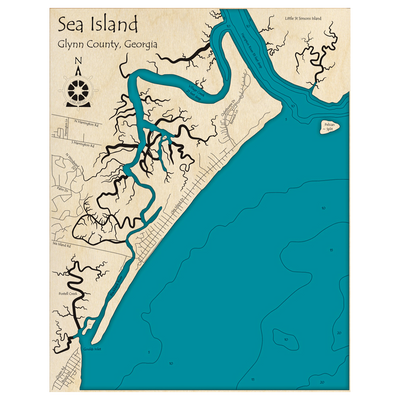 Bathymetric topo map of Sea Island, GA with roads, towns and depths noted in blue water.