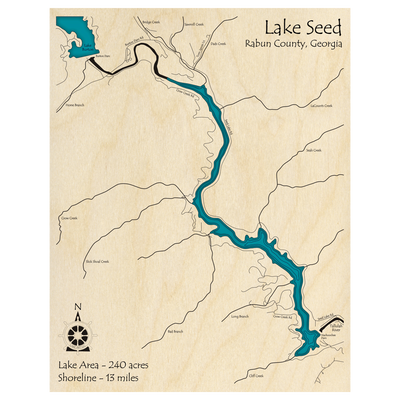 Bathymetric topo map of Lake Seed, GA with roads, towns and depths noted in blue water.