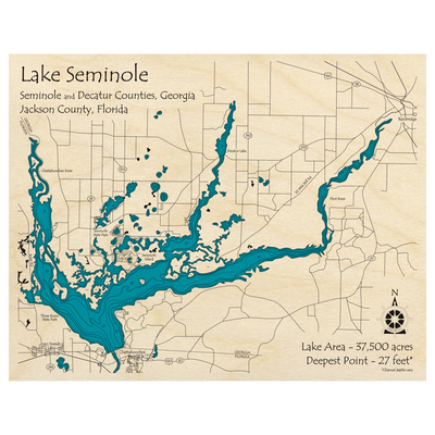 Bathymetric topo map of Lake Seminole (GA, FL) with roads, towns and depths noted in blue water.