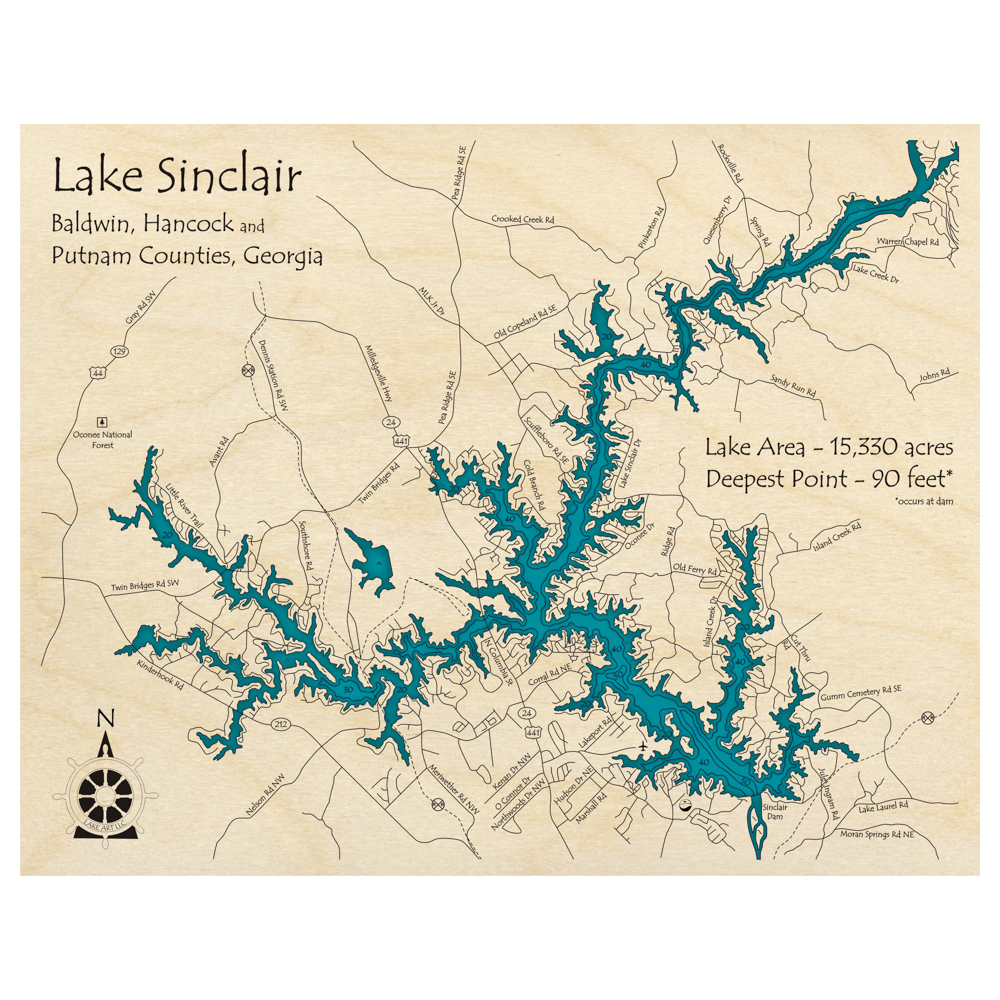 Bathymetric topo map of Lake Sinclair, GA with roads, towns and depths noted in blue water.