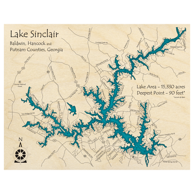 Bathymetric topo map of Lake Sinclair, GA with roads, towns and depths noted in blue water.