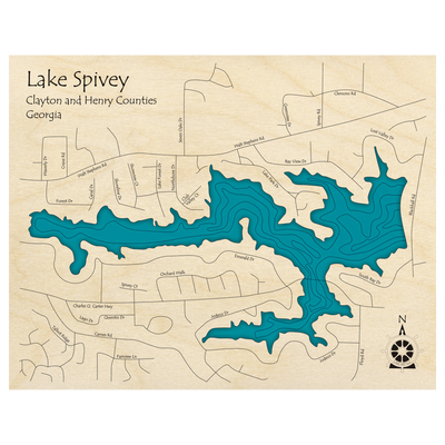 Bathymetric topo map of Lake Spivey, GA with roads, towns and depths noted in blue water.