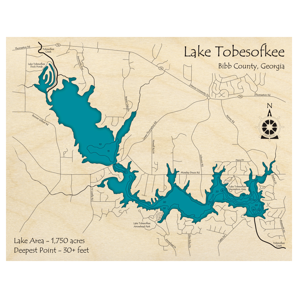 Bathymetric topo map of Lake Tobesofkee, GA with roads, towns and depths noted in blue water.
