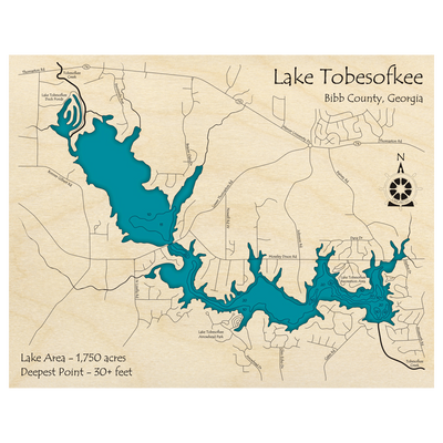 Bathymetric topo map of Lake Tobesofkee, GA with roads, towns and depths noted in blue water.