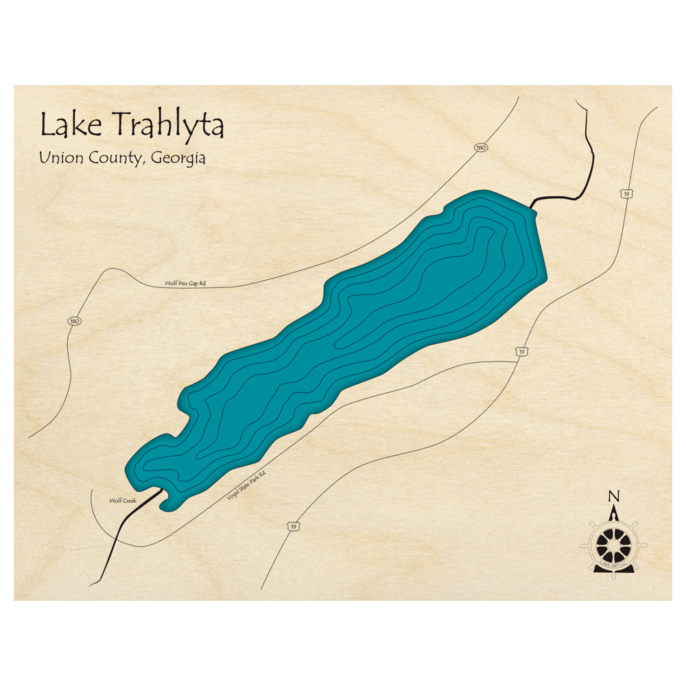 Bathymetric topo map of Lake Trahlyta, GA with roads, towns and depths noted in blue water.