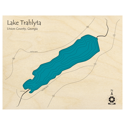 Bathymetric topo map of Lake Trahlyta, GA with roads, towns and depths noted in blue water.