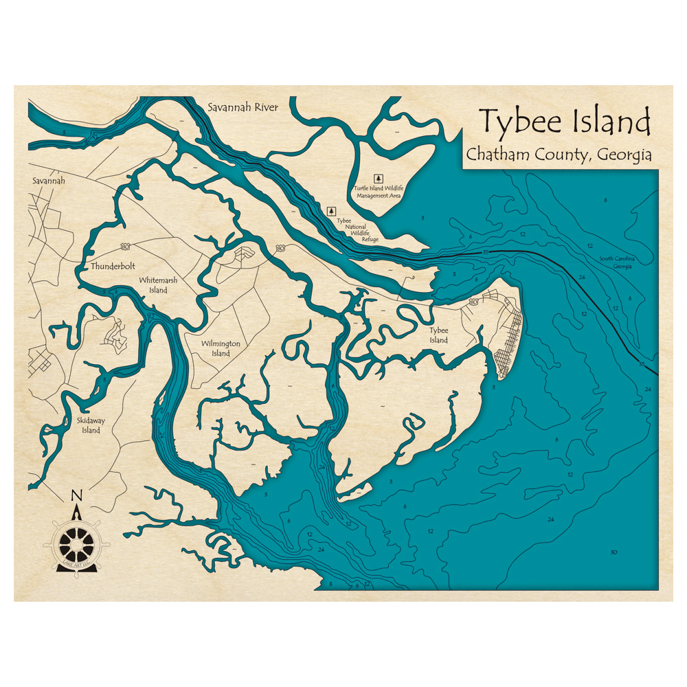 Bathymetric topo map of Tybee Island Region, GA with roads, towns and depths noted in blue water.